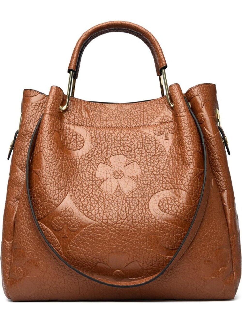 Floral Embossed Vegan Leather Handbag Set - Large Shoulder & Bucket Tote for